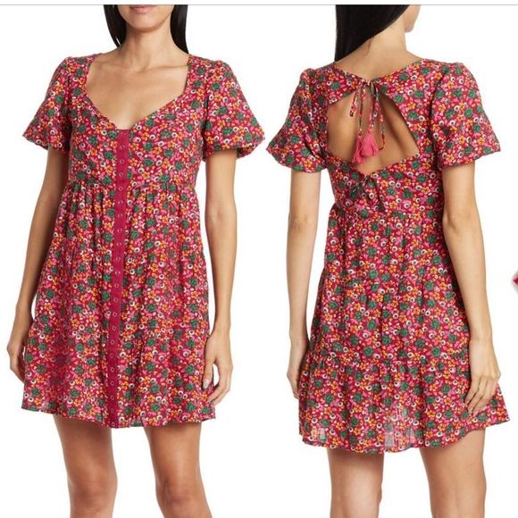 Betsey Johnson Dresses & Skirts - Betsey Johnson Babydoll Front Puff Sleeve Floral Mini Dress Cutout Back Pink S